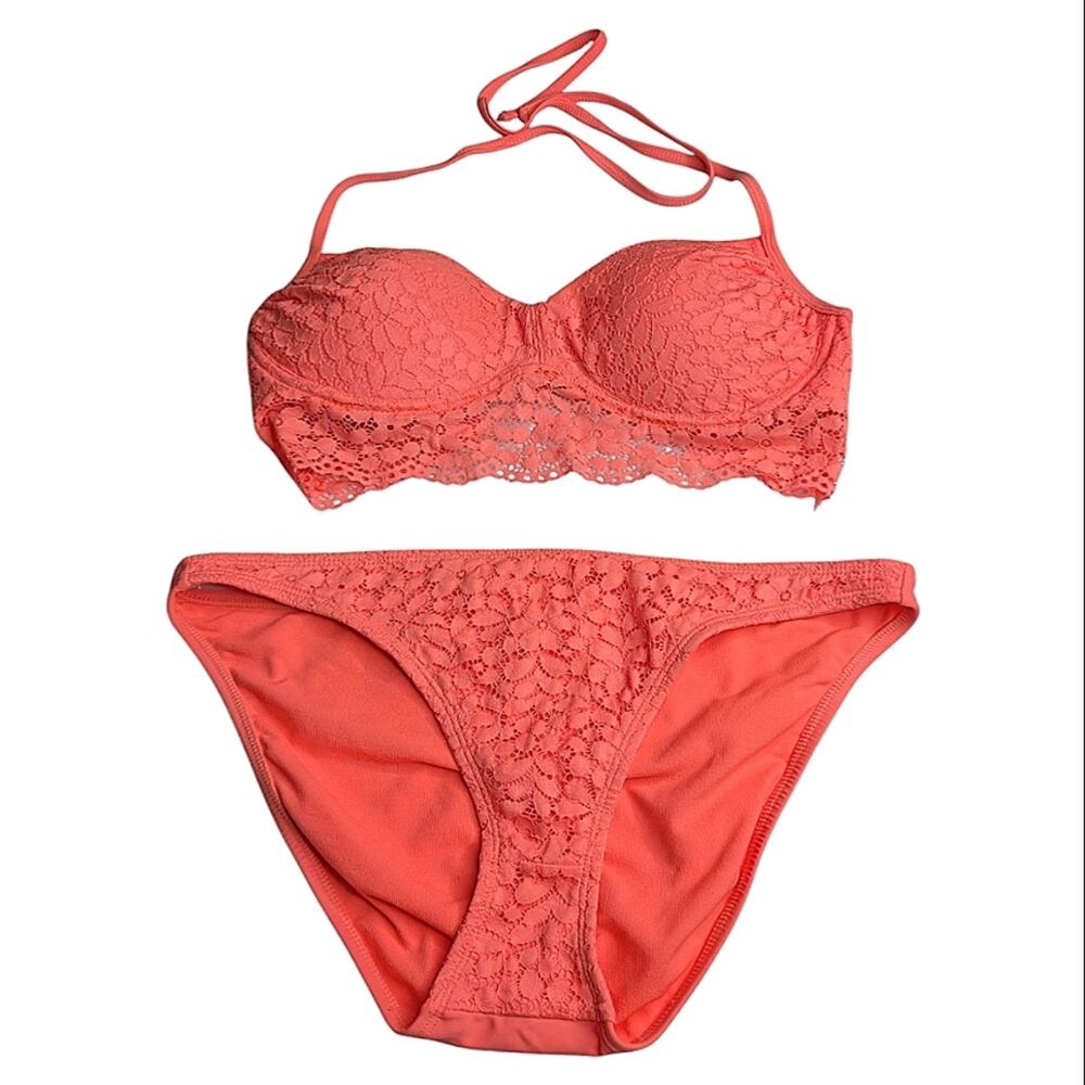 Coquette Coastal Coral Lace Ruffle Trim Push Up Halter‎ Top Bikini Med/Large